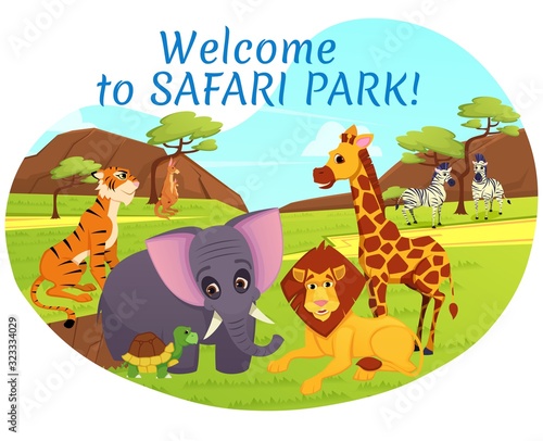 Welcome to Safari Park Banner  African Animals on Savannah Nature Background  Tiger  Elephant  Kangaroo  Lion and Giraffe Stand Together in Zoo Park Cartoon Flat Vector Illustration  Poster Invitation