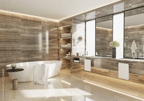 3d interior of a brown grey marble bathroom with a bathtub