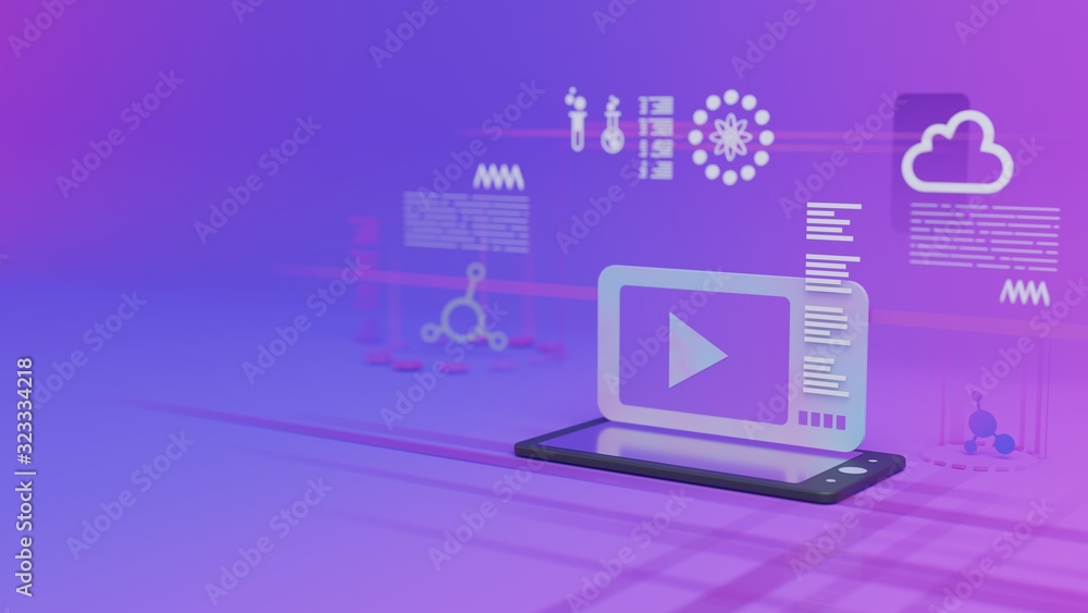 perspective design concept for mobile video online education with floating icon user interface in dept blur background, 3d rendering perspective design concept for mobile video online education with floating icon user interface in dept blur background, 3d rendering