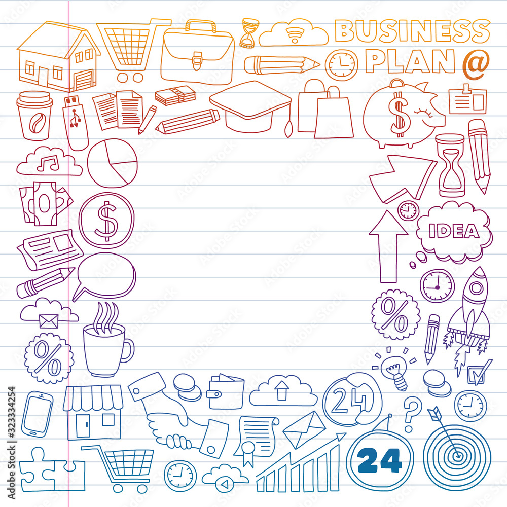 Business and management background. Pattern with finance icons. Conceptual illustration of projects organization, risk, development. Team working, budget planning. Business and management background. Pattern with finance icons. Conceptual illustration of projects organization, risk, development. Team working, budget planning.