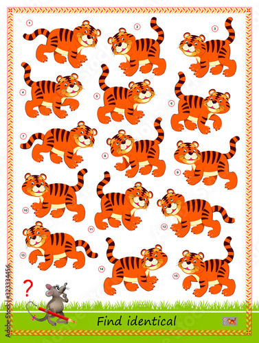 Logic puzzle game for children and adults. Find two identical tigers. Printable page for kids brain teaser book. Developing spatial thinking skills. IQ training test. Flat vector cartoon image.