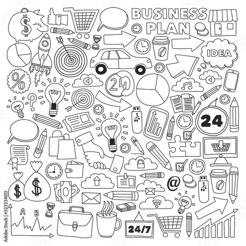 Business and management background. Pattern with finance icons. Conceptual illustration of projects organization, risk, development. Team working, budget planning.