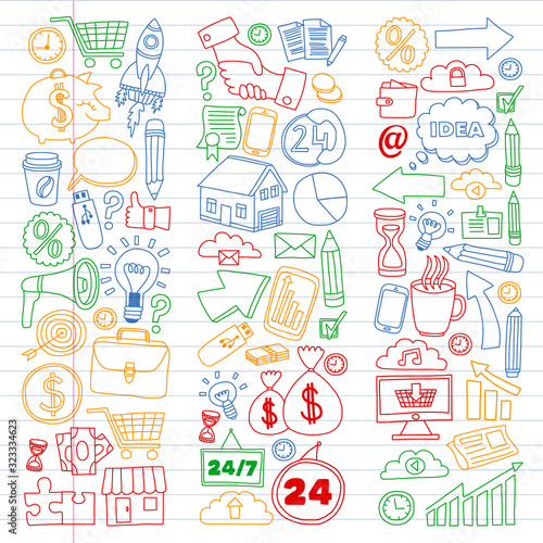 Fototapeta Naklejka Na Ścianę i Meble -  Business and management background. Pattern with finance icons. Conceptual illustration of projects organization, risk, development. Team working, budget planning.