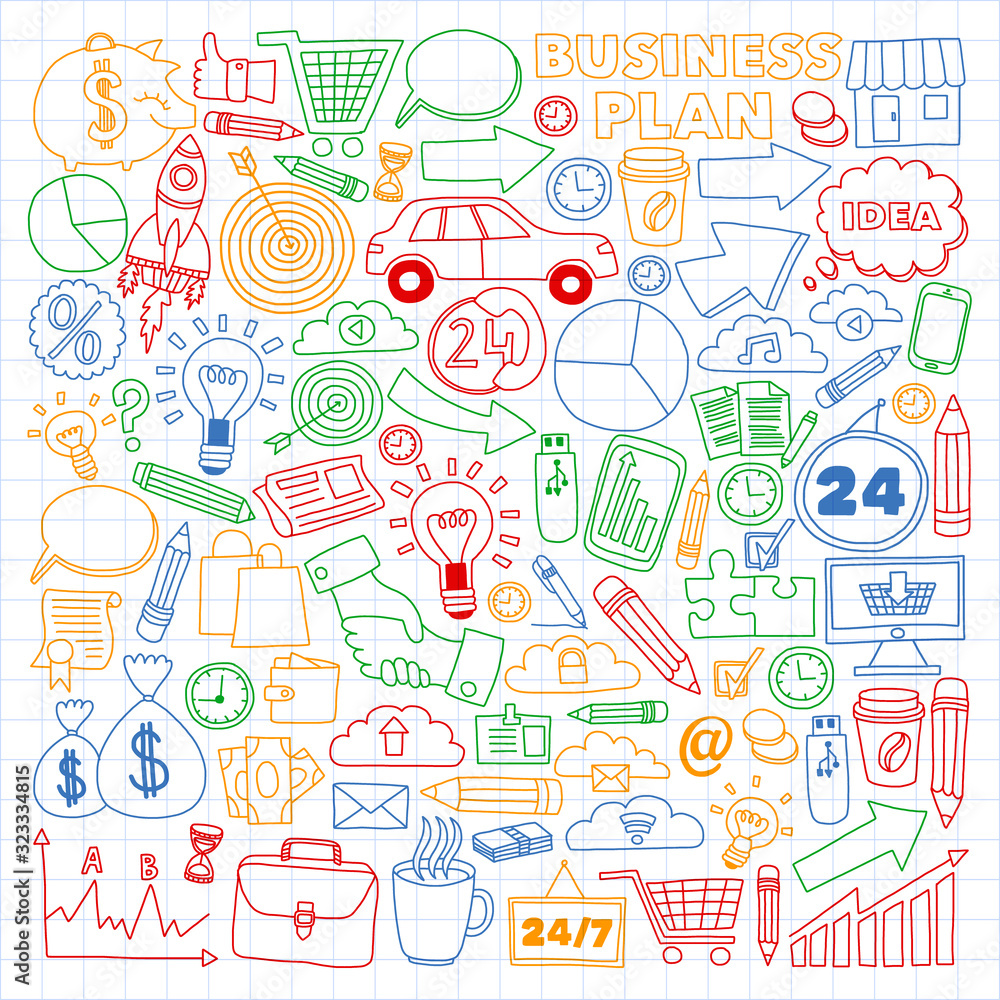 Business and management background. Pattern with finance icons. Conceptual illustration of projects organization, risk, development. Team working, budget planning. Business and management background. Pattern with finance icons. Conceptual illustration of projects organization, risk, development. Team working, budget planning.