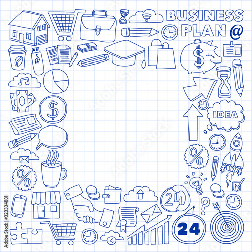 Business and management background. Pattern with finance icons. Conceptual illustration of projects organization, risk, development. Team working, budget planning.
