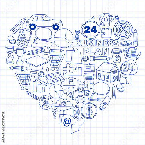 Business and management background. Pattern with finance icons. Conceptual illustration of projects organization, risk, development. Team working, budget planning.