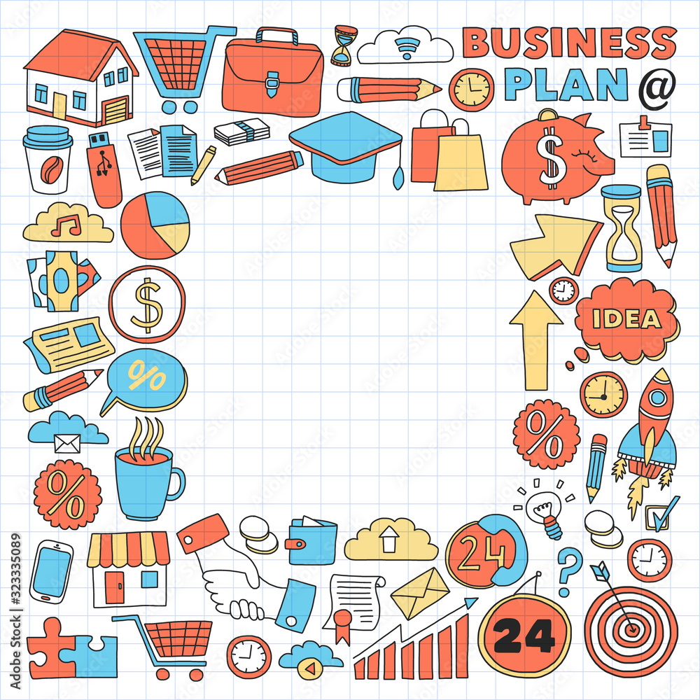 Business and management background. Pattern with finance icons. Conceptual illustration of projects organization, risk, development. Team working, budget planning. Business and management background. Pattern with finance icons. Conceptual illustration of projects organization, risk, development. Team working, budget planning.