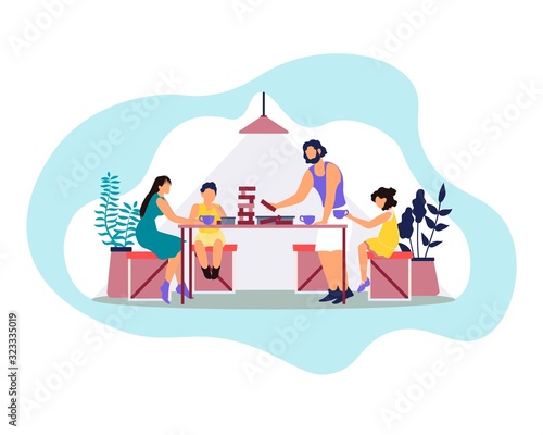Happy Family Father, Mother, Daughter and Son Sitting at Table Drinking Beverages and Playing Board Game. Evening Spare Time Relax Parents with Kids, Home Leisure. Cartoon Flat Vector Illustration