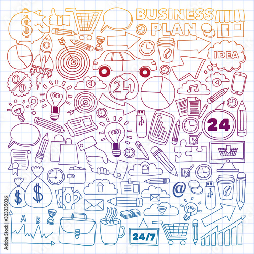 Business and management background. Pattern with finance icons. Conceptual illustration of projects organization, risk, development. Team working, budget planning.