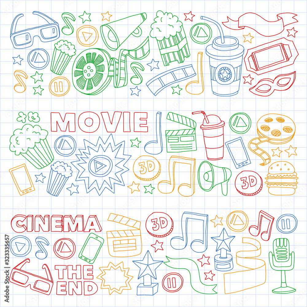 Movie, cinema set. Pattern doodle background with vector icons. Video TV. Movie, cinema set. Pattern doodle background with vector icons. Video TV.