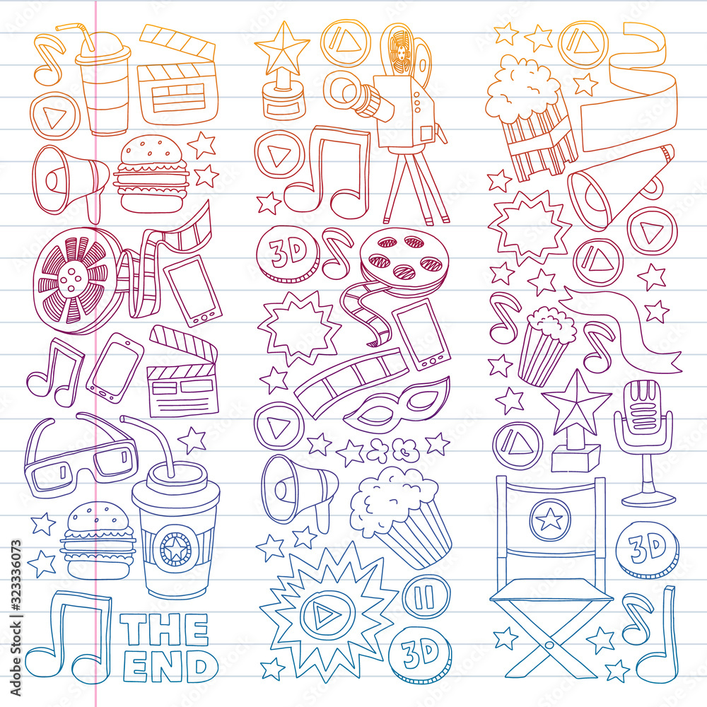 Movie, cinema set. Pattern doodle background with vector icons. Video TV. Movie, cinema set. Pattern doodle background with vector icons. Video TV.