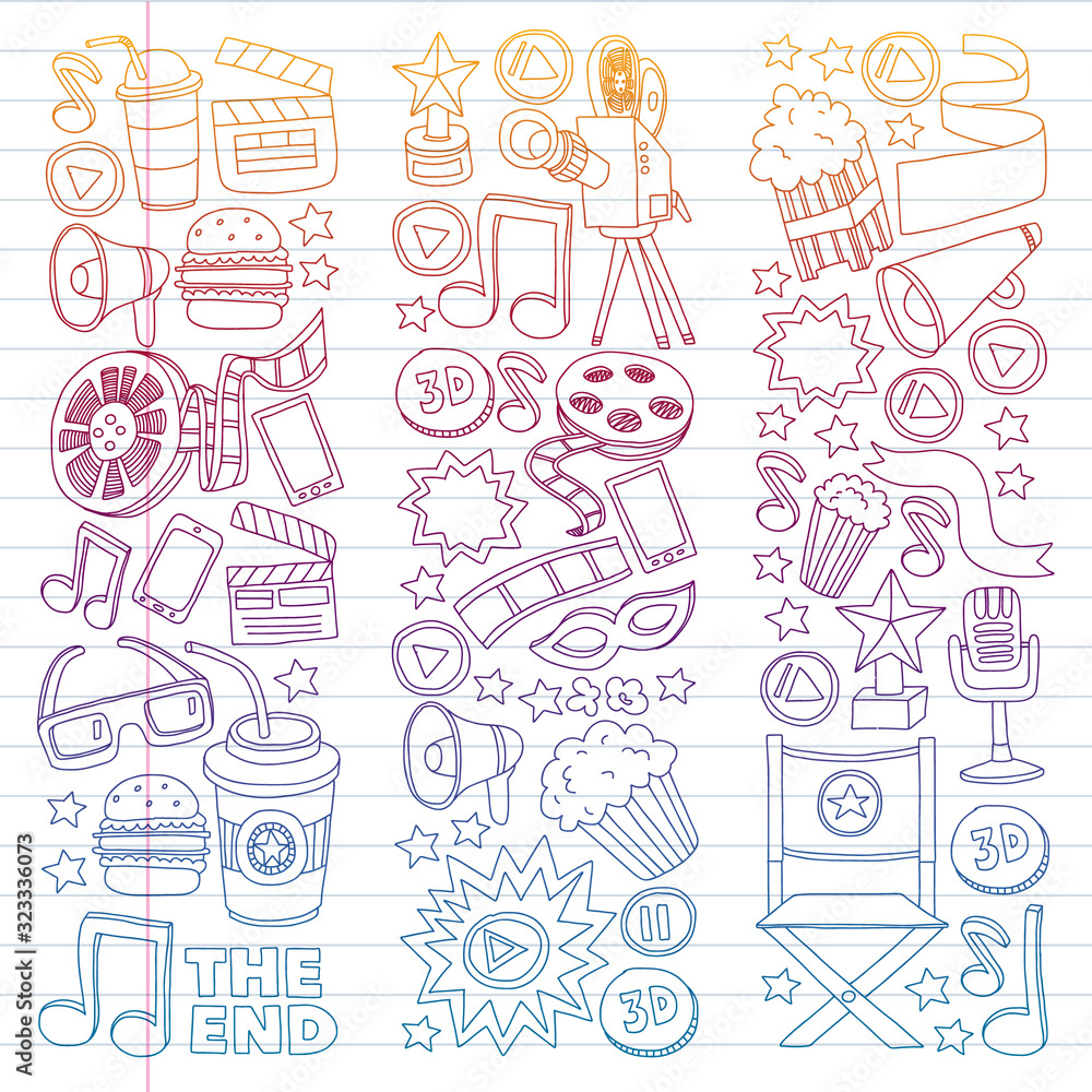 Movie, cinema set. Pattern doodle background with vector icons. Video TV.