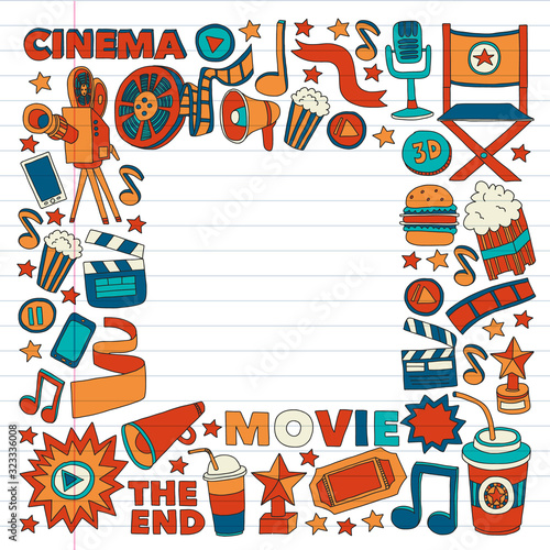 Movie  cinema set. Pattern doodle background with vector icons. Video TV.