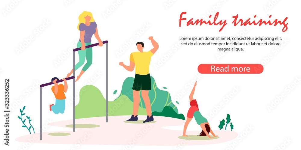 Family Training and Morning Exercises. Father Conducting Workout, Mother and Son Pull Up on Horizontal Bar, Daughter Stand in Yoga Asana or Engaged Pilates. Cartoon Flat Vector Illustration, Banner