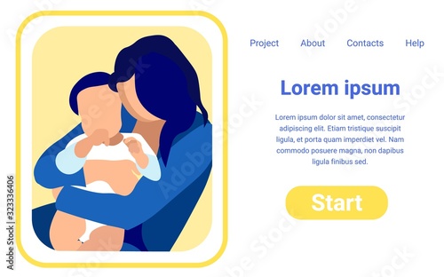 Mother, Young Brunette, Holding Her Baby Tight, Talking to Him or Her Quietly and Tenderly. Flat Vector Page Design Template. Project with Web Site. Illustration with Copy Space for Your Text.