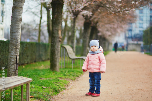 Adorable little toddler girl in Parisian park on a spring or fall day