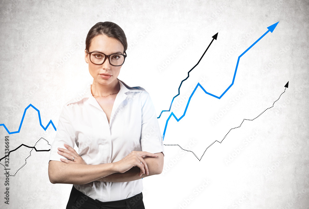 Confident businesswoman in glasses, growing graphs Confident businesswoman in glasses, growing graphs
