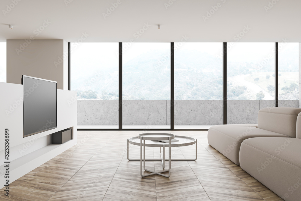 Fototapeta premium White living room with sofa, balcony and TV
