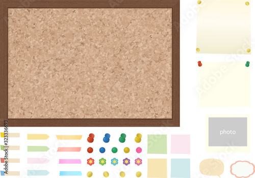 Various memos and push pins on white background. Cork board with wooden frame isolated.