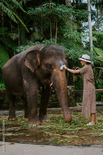 Girl washing an elephant on Bali