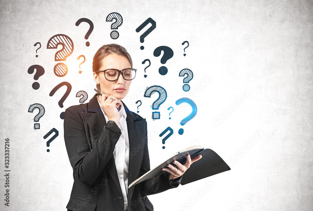 Woman with notebook and question marks Woman with notebook and question marks
