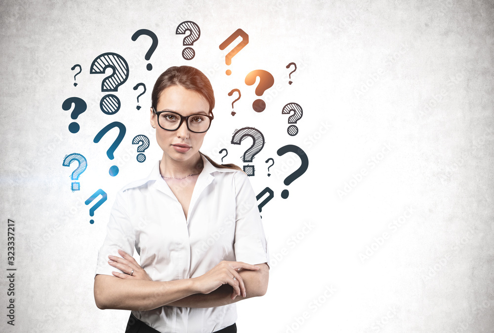 Confident woman in glasses, question marks Confident woman in glasses, question marks
