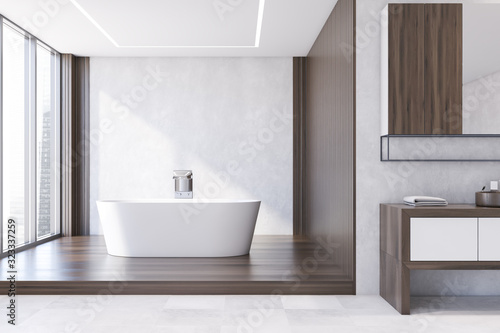 White and wooden bathroom  tub and sink