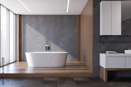 Gray and wooden bathroom  tub and sink