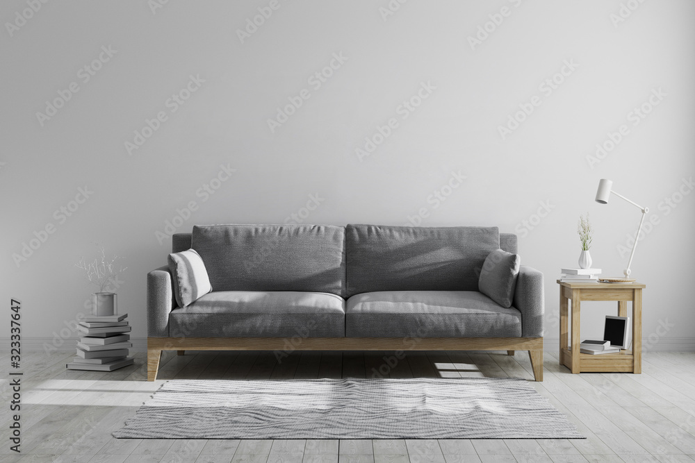  scandinavian hipster style grey tones interior background, modern interior living room mock up, living room, home interior with grey sofa, 3d rendering - obrazy, fototapety, plakaty 