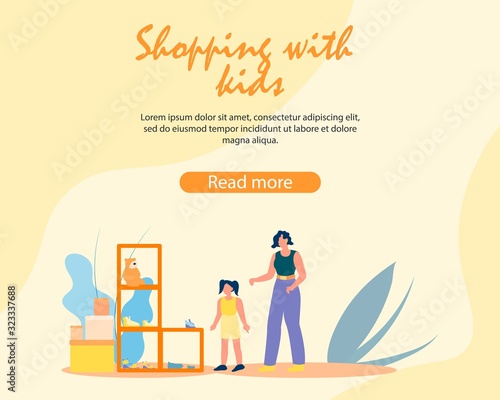 Shopping with Kids. Mother and Little Daughter Visiting Children Footgear Department Choosing Shoes for Girl. Happy Family Spend Time Together on Weekend. Cartoon Flat Vector Illustration, Banner