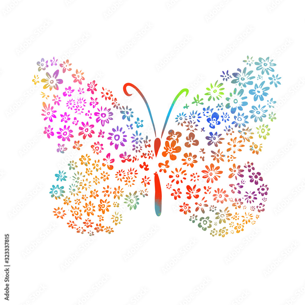 A multi-colored butterfly made of flowers. Mixed media. Vector illustration