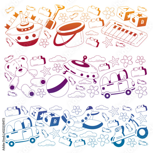 Vector set with toys icons. Pattern for kindergarten.