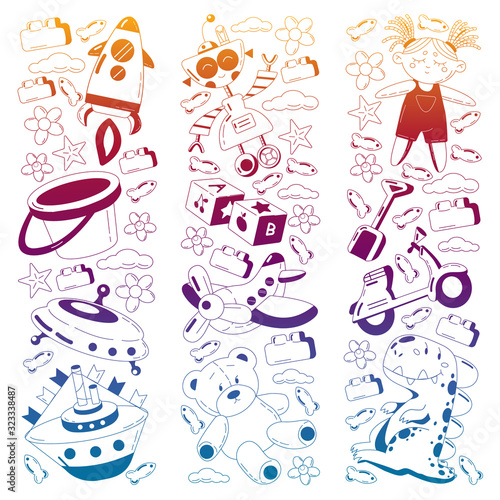 Vector set with toys icons. Pattern for kindergarten.