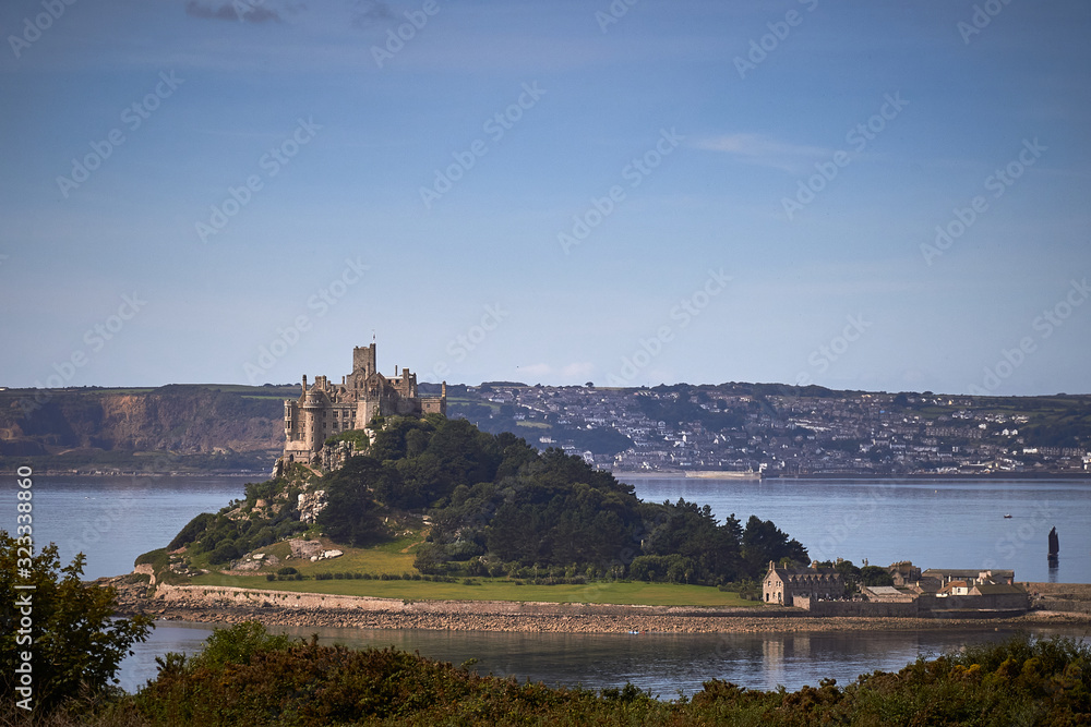 Elevated view of St Micheals Mount in Marazion, Penzance in Cornwall. Historic Castle with moat on Seaside Town in England