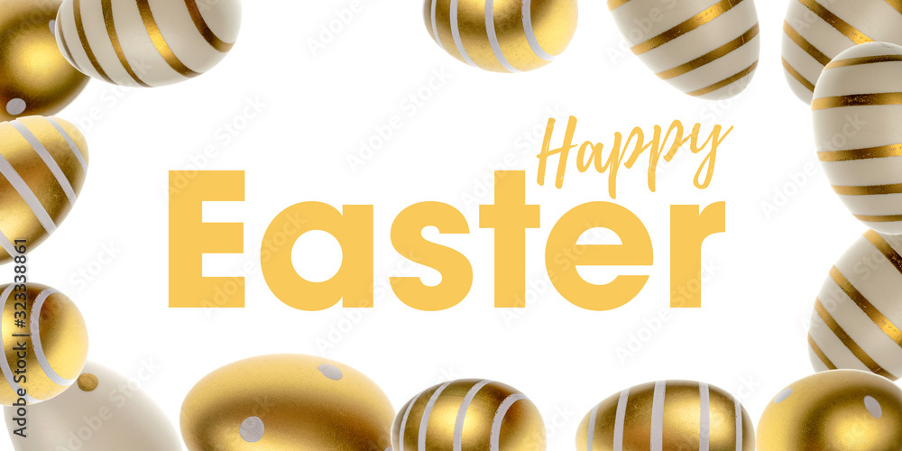 Easter background white. Easter composition: golden shine decorated eggs in shape frame. For greeting card, promotion, poster,