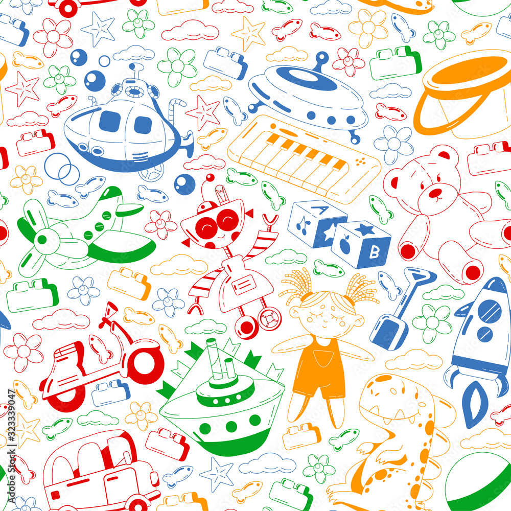 Vector set with toys icons. Pattern for kindergarten.