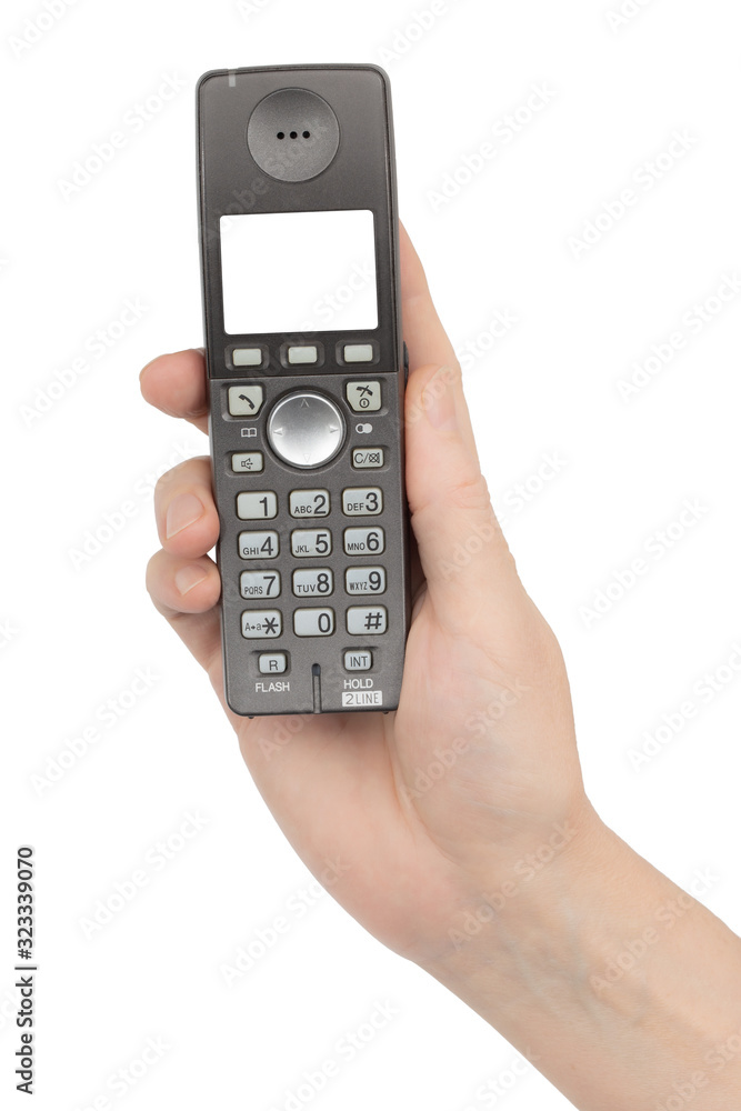 Female hand holds a phone with a blank screen, isolated on white background Female hand holds a phone with a blank screen, isolated on white background