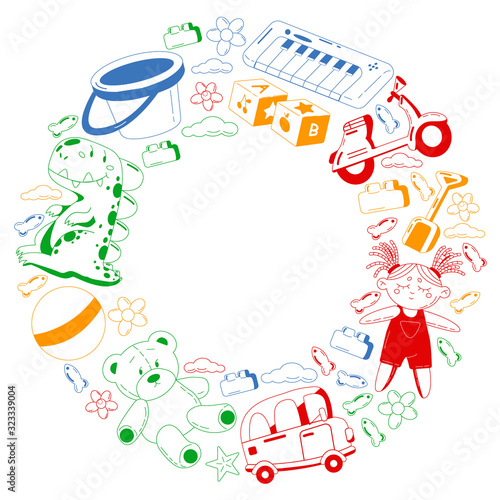 Vector set with toys icons. Pattern for kindergarten.