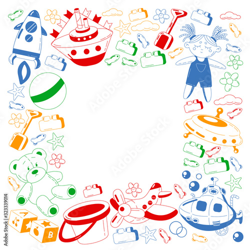 Vector set with toys icons. Pattern for kindergarten.