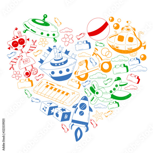 Vector set with toys icons. Pattern for kindergarten.