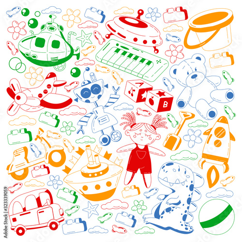 Vector set with toys icons. Pattern for kindergarten.