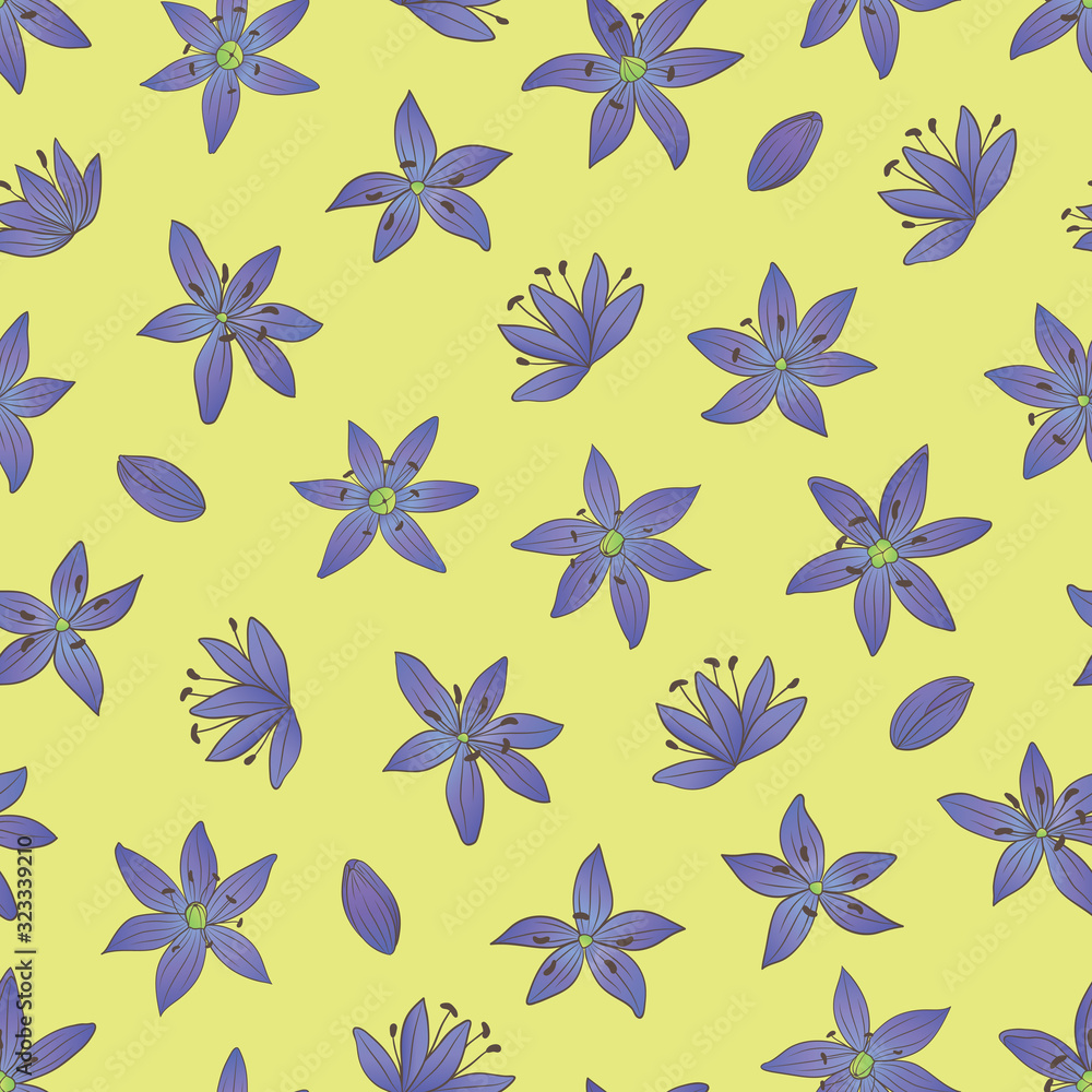 Fototapeta premium Vector seamless pattern with spring scilla flowers on a yellow background.