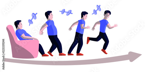 The man got up from the sofa and started playing sports. Illustration in flat style. Healthy lifestyle.