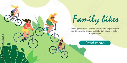 Father, Mother and Kids Riding Bikes, Exercising Morning Track. Happy Family Healthy Lifestyle, Outdoors Sport Activity. Fitness Training Workout. Cartoon Flat Vector Illustration, Horizontal Banner