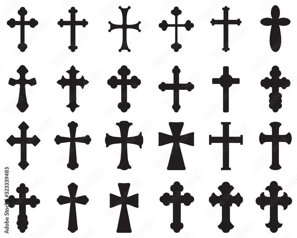 Big set of black silhouettes of different crosses, various religious symbols