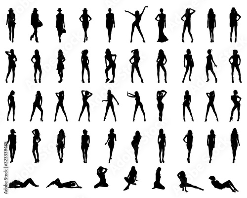 Black silhouettes of girls in various poses on a white background
