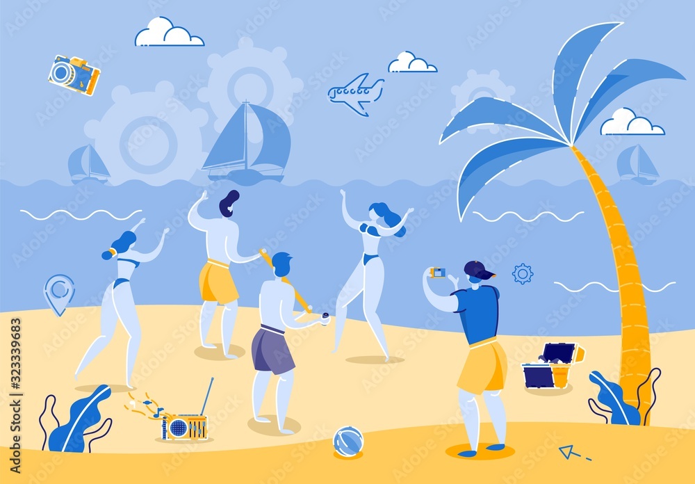 Informational Poster Dancing Sand on Sea Coast. Friends Swimsuits Play on Sand by Sea. Man Baseball Cap Photographs Games Friends on Background Sea and Sailboats. Airplane Sky over Beach.