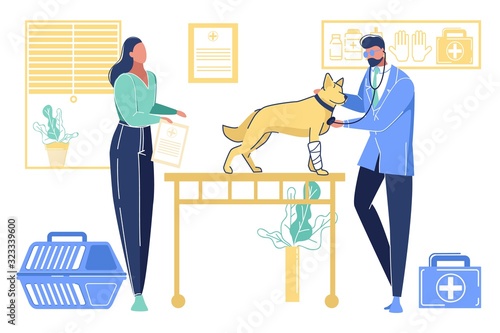 Woman Owner Bring Dog with Broken Paw at Veterinary Clinic for Treatment. Veterinarian Doctor Examining Puppy with Stethoscope in Cabinet with Medical Equipment. Cartoon Flat Vector Illustration.