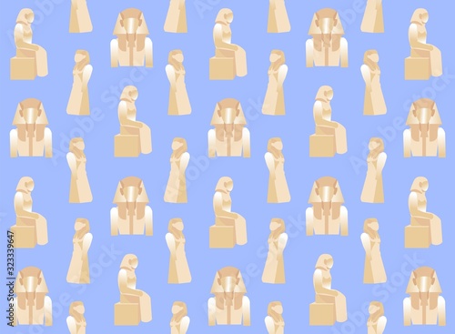 Egyptian Pharaohs Statues Seamless Pattern Flat Cartoon Vector Illustration. Symbols and Signs of Egypt. Sitting and Standing Stone Images. Ancient Egypt Monarchs. Character with Headdress.