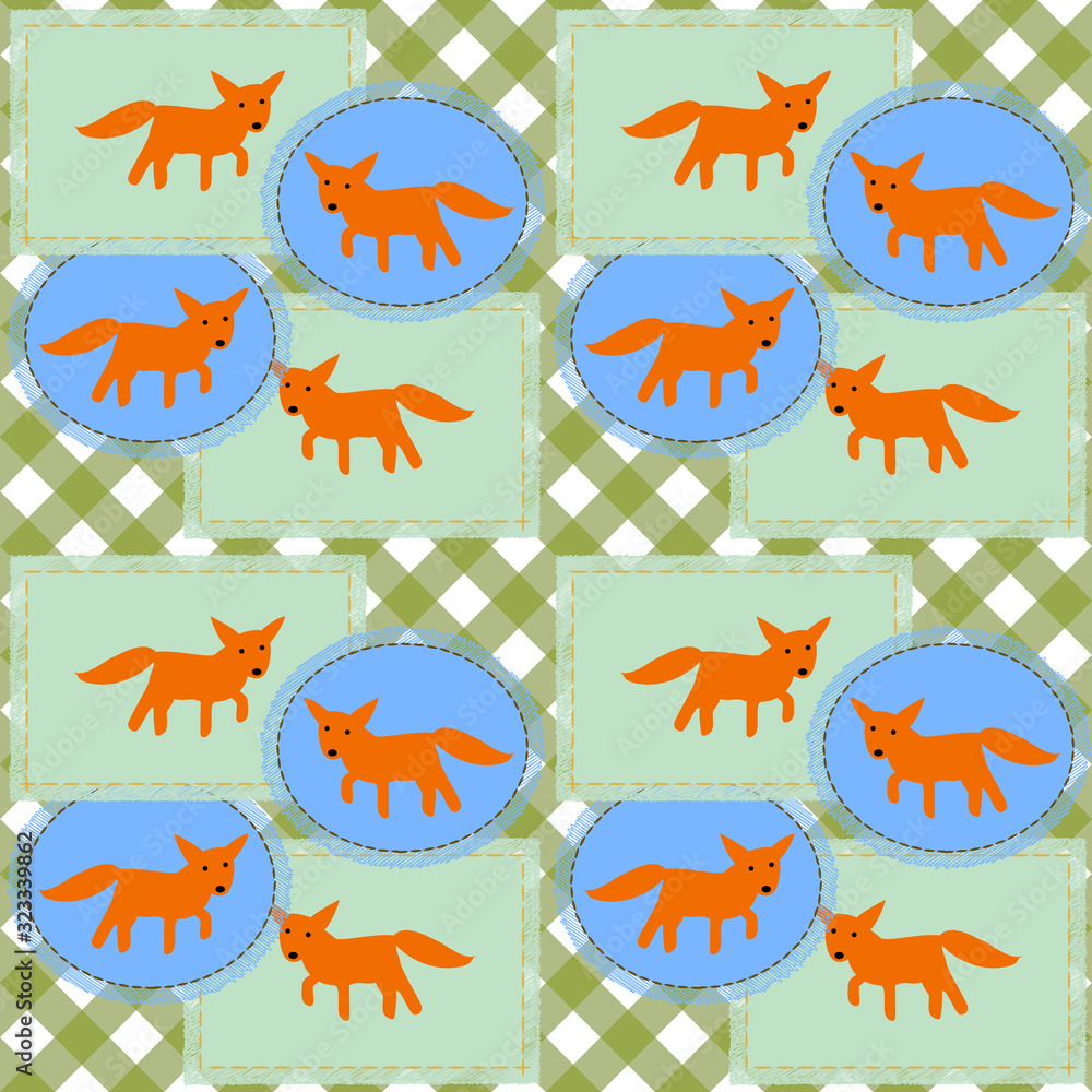 Seamless patchwork pattern with cute little foxes, in olive green, orange and blue tones. For textile design